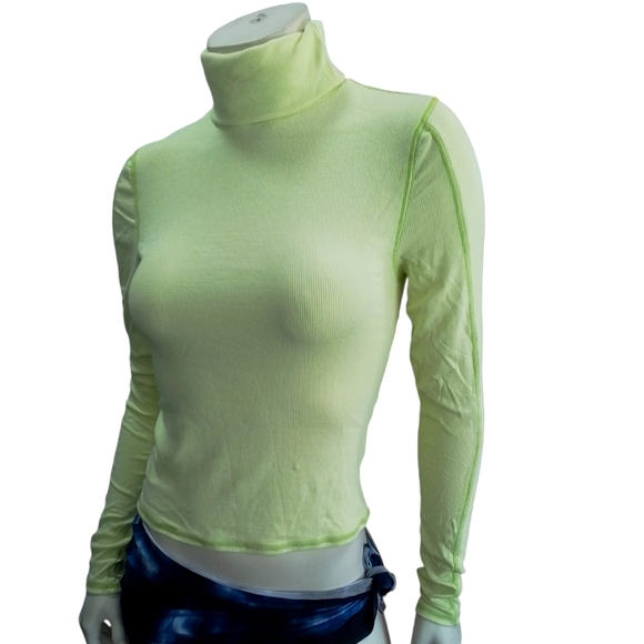 BDG Lemon Green Long Sleeve Turtleneck  Fitted Jersey Knit Large Top NEW - Picture 1 of 16